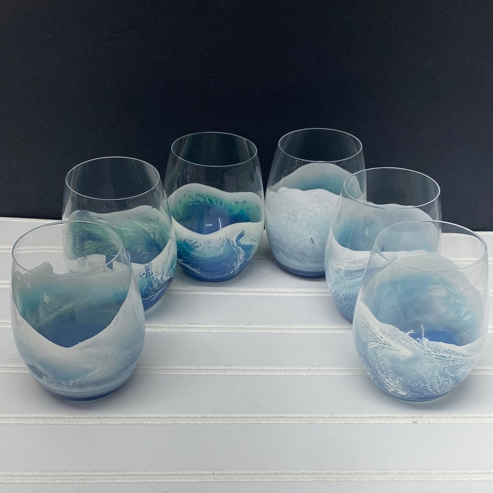 Beach Themed Stemless Wine Glasses Set of Six Lowballs